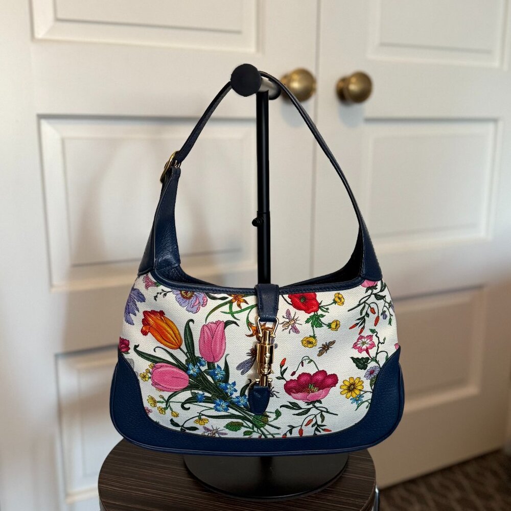 Gucci Jackie Hobo; Flora Canvas with Navy Agate Trim